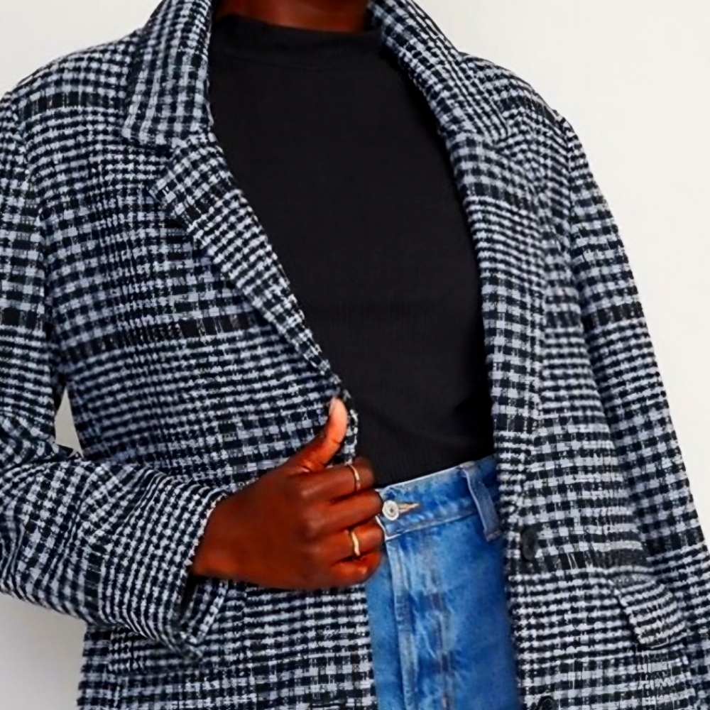 Old Navy Women’s Black & Gray Blue Plaid Soft-Brushed Collared Blazer